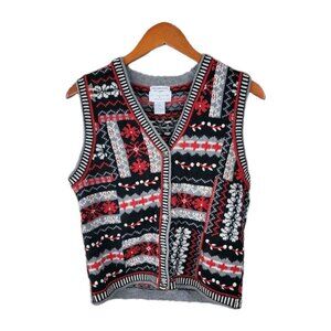 Vintage Sweater Vest Small Nordic Snowflake Icelandic Cardigan Red Holiday Black